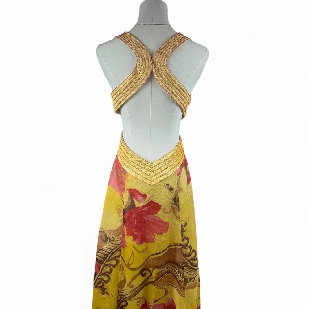 Y2K vintage La Femme yellow floral beaded halter maxi gown tropical open back - Picture 4 of 8